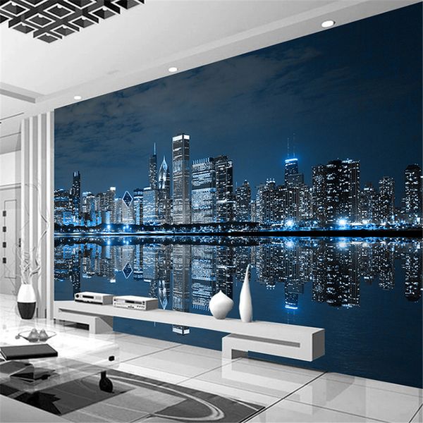 Carta da parati personalizzata murale Bianco e nero New York Vista notturna Città Edificio Studio Soggiorno Sofa Tv Sfondo 3D Photo Wallpaper