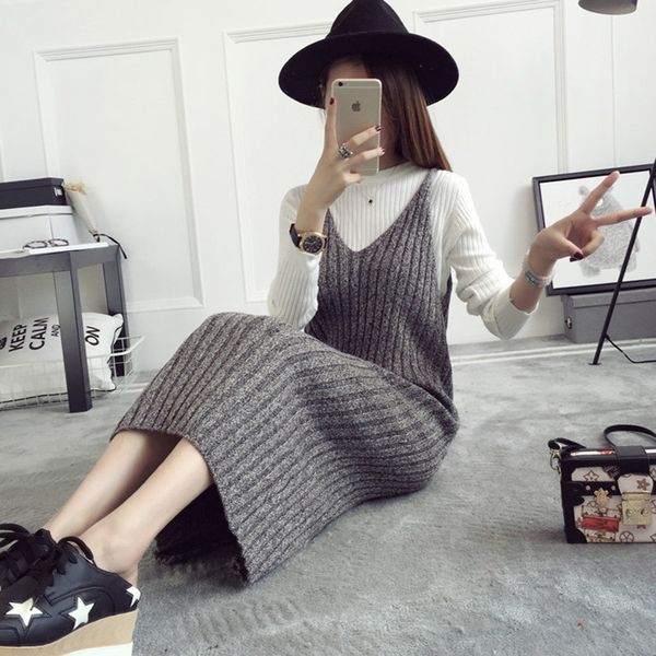 

autumn new womans strap knit dress solid color female straight knitted midi dress all-match winter basic casual spaghetti dress 201127, Black;gray
