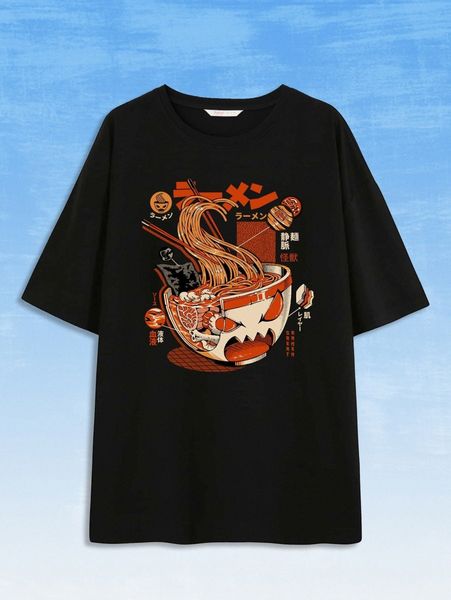 

romwe x ilustrata noodle graphic drop shoulder tee z63u#, White