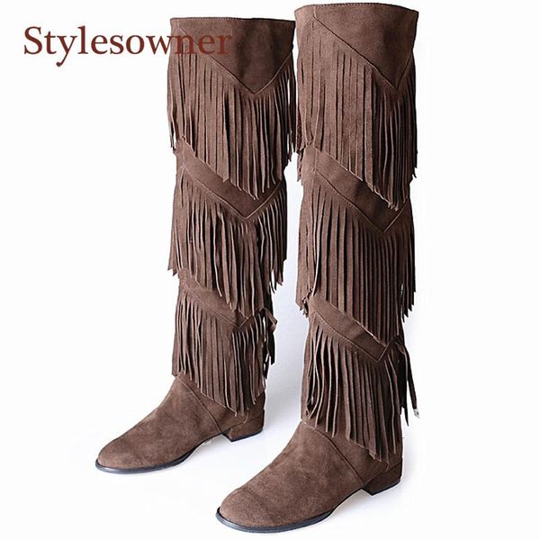 

boots retro cow suede real leatherfringe western woman fashion over the knee causual long-tube 2021 arrvial, Black
