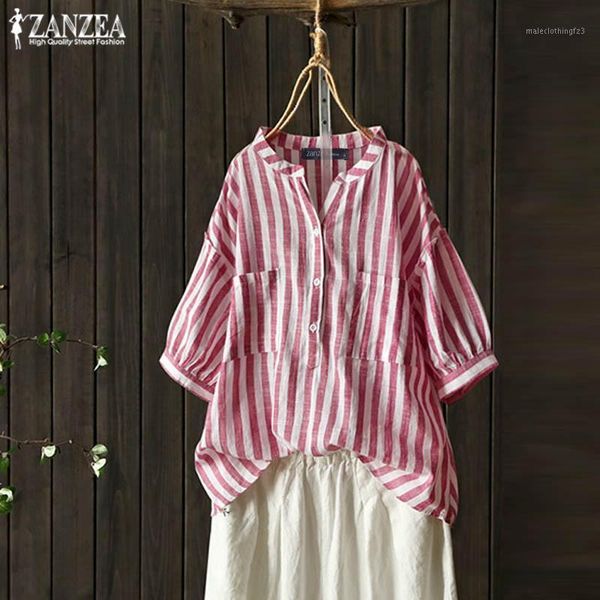 

women's blouses & shirts zanzea 2021 summer striped tee women's linen blouse vintage button down chemise female puff sleeve blusas, White
