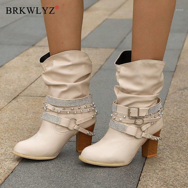 

2020 winter women's boots fashion put-on high heel ankle boots pointed toe square-heel buckle women's pu zapatos de mujer1, Black
