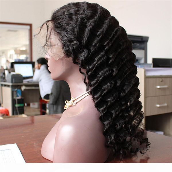 

natural color woman 130% density wig human hair swiss lace front lace deep wave brazilian malaysian remy vrigin, Black;brown