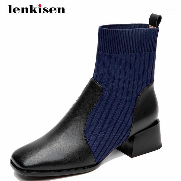 

lenkisen sock boots natural leather knitting mixed colors square toe thick med heel slip on dating dress maiden ankle boots l8f11, Black