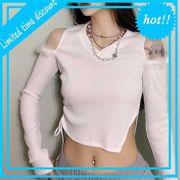 

autumn and winter 2021 women's ins net red same solid color slim v-neck off shoulder bandage short t-shirt for women, White