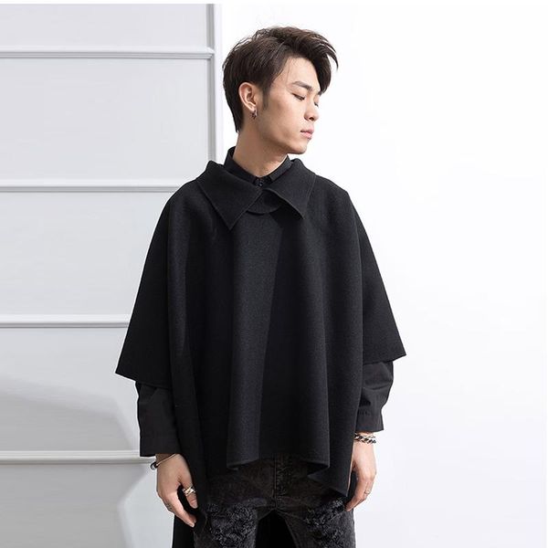 

men's woollen coat coat fall and winter wear front short back long turtleneck men's super long loose cape cape tide, Black