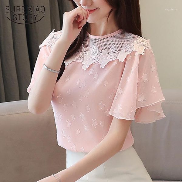 

women's blouses & shirts sweet girl summer chiffon blouse women short sleeve lace office lady fashion pullover shirt chemisier femme 8, White