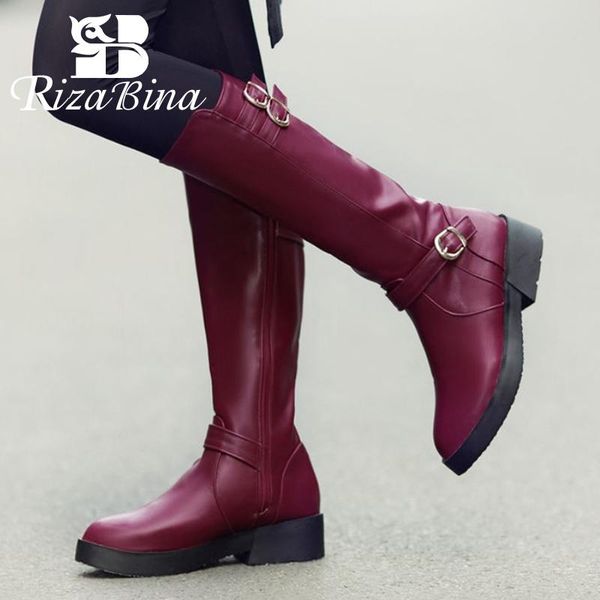

boots rizabina size 34-43 women knee fashion buckle zipper flats winter shoes woman warm long boot office lady daily footwear, Black