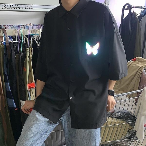 

men shirts short sleeves summer loose single breasted reflective casual korean style ulzzang chic shirt male new fashion, White;black