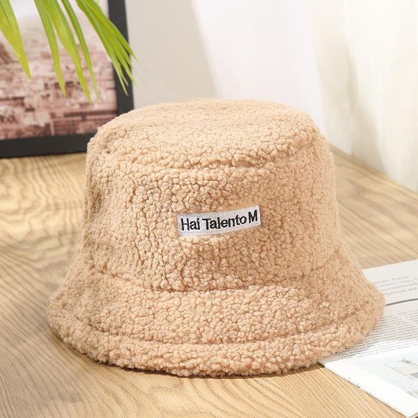 

beanie/skull caps fashion beanie lamb hair basin hat female autumn winter letter label bucket japanese leisure student hats for women, Blue;gray