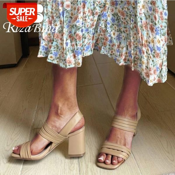 

rizabina new women high heel sandals real leather thick heel shoes woman summer fashion party office ladies footwear size 33-40 #oh2z, Black
