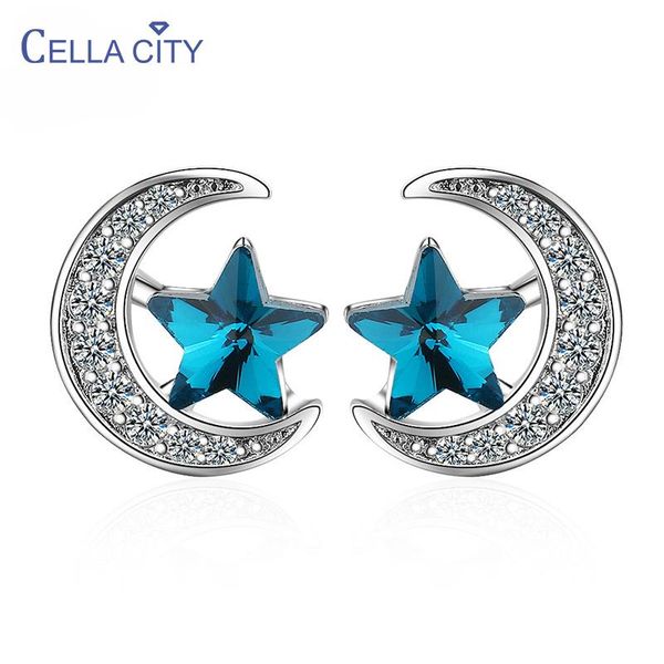

cellacity silver 925 jewelry charms earrings for women blue gemstone star fashion simple style female ear studs dating gift, Golden;silver