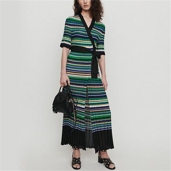 

runway deep v-neck vestidos knitted women dresses striped sash summer pleated dress belted holiday ladies beach maxi dress1, Black;gray
