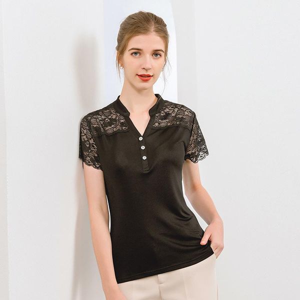

womens blouses natural silk short sleeve henley v neck elegant floral lace summer blouse ladies shirts plus size l to 3xl1, White