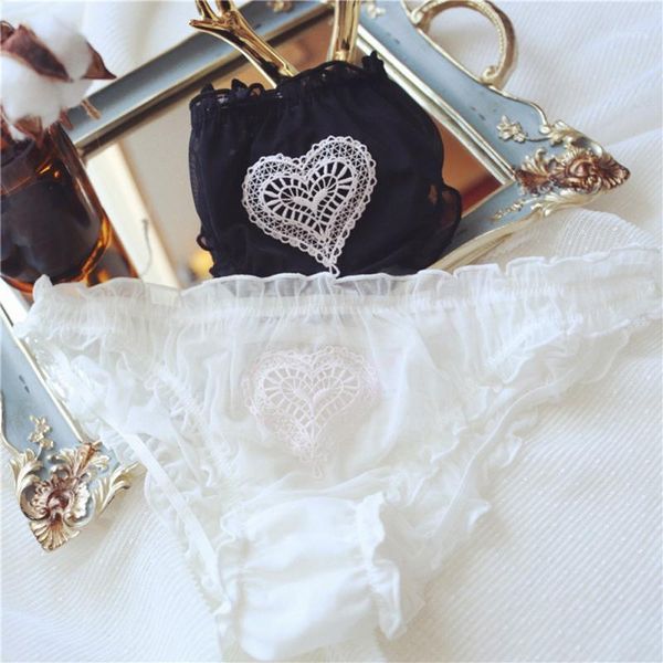 

embroidery lace transparent panties female briefs large size mid-waist sweet heart-shaped for women1, Black;pink