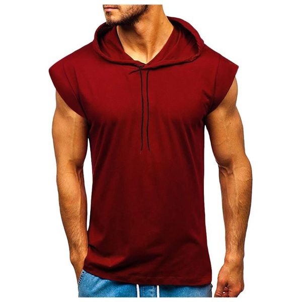 

men muscle hooded bodybuilding tight-drying t-shirt men's solid color short sleeve fitness drawstring hooded t-shirts 3.25, Gray;blue