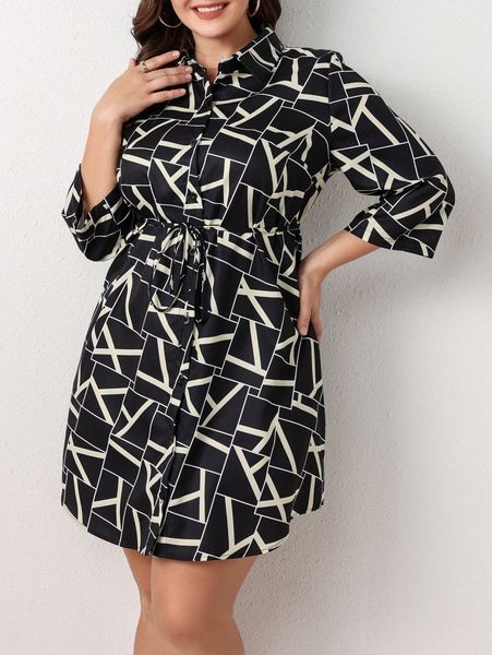 

plus geo print belted shirt dress m4bb#, Black