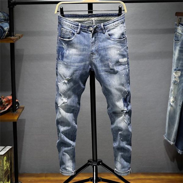 

mens smart casual biker denim jeans stretch denim pants solid slim fit jeans male street skinny pant hip hop vintage trouser,718, Blue