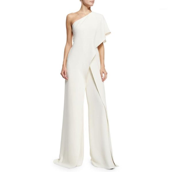 

new women fashion one shoulder slash neck high waist wide leg asymmetric split jump suits pants1, Black;white