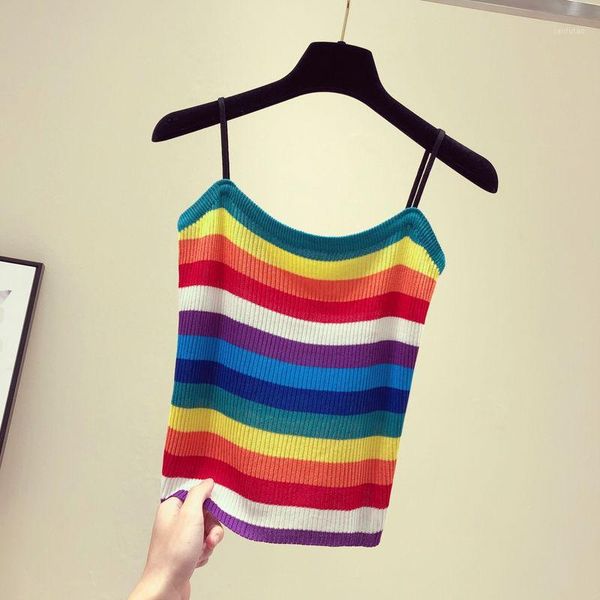 

tank women rainbow knitted stretch cami cropped summer harajuku kawaii cute 1, White