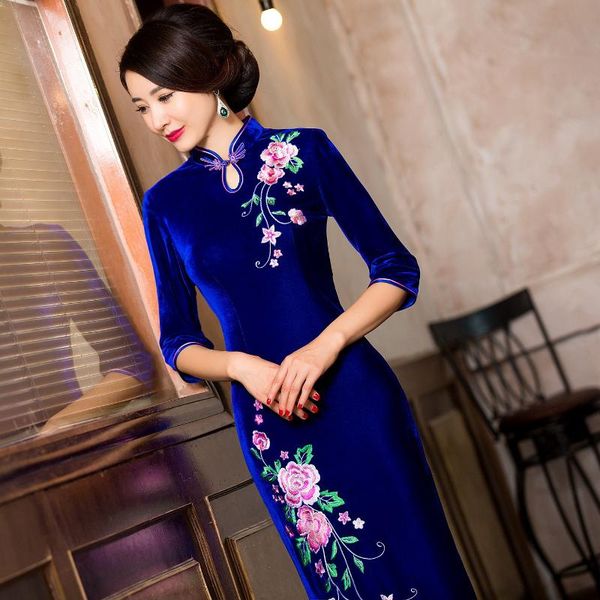 

ethnic clothing royal blue cheongsam plus size velour dresses velvet debardeur chinese traditional long oriental dress patterns, Red