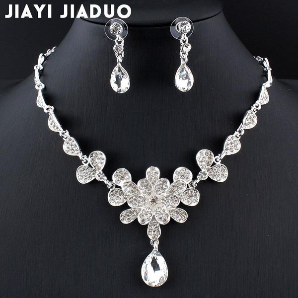 

jiayijiaduo 2021 india charm flower sets of jewelry for women silver color rhinestone necklace wedding hair accessory