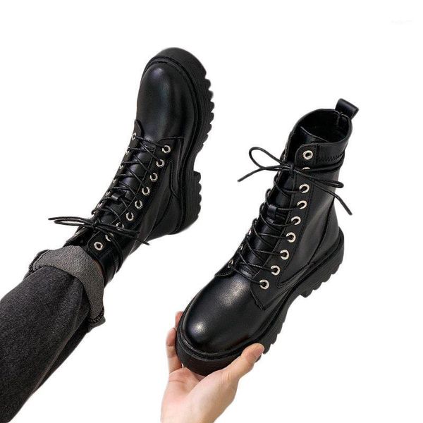 

woman fashion motorcycle platform botas white black pu leather ankle boots women autumn winter round toe lace up shoes1