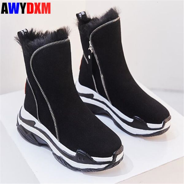 

winter 2020 new women suede leather ankle rabbit fur plush warm snow boots female chunky platform shoes woman casual, Black
