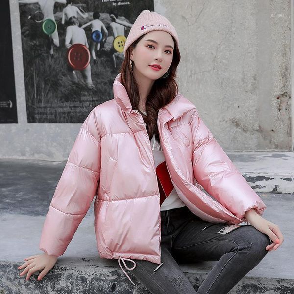 

2019 new fashion short stand collar women winter glossy parka warm thicken ladies coat cotton padded parka womens jackets1, Black