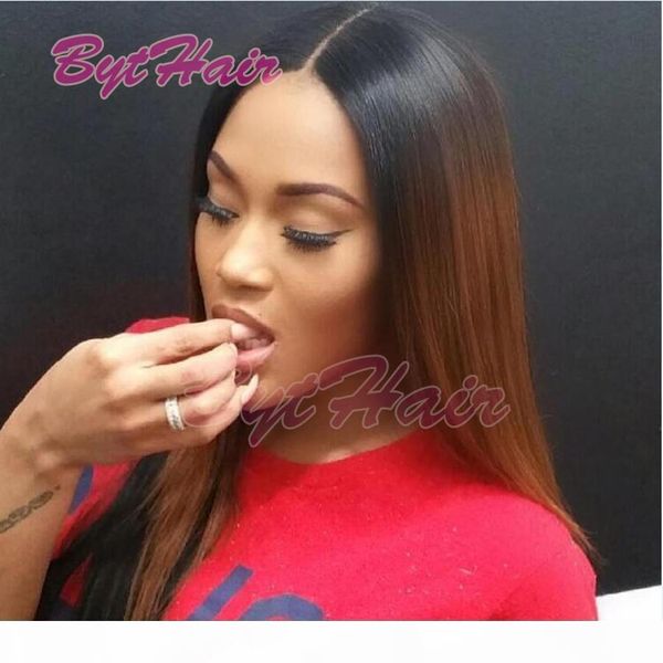 

bythair virgin brazilian staight ombre full lace wigs human hair glueless two tone color lace front wig #1b #30 color for black women, Black;brown
