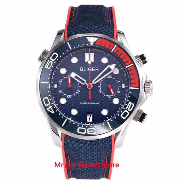 

bliger 41mm quartz watch men sapphire glass luminous waterproof rubber strap calendar sport chronograph function wristwatch men t200409, Slivery;brown