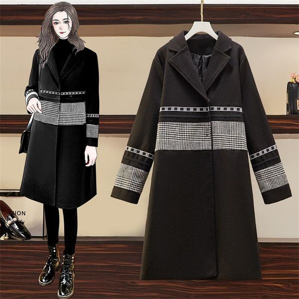 

jxmyy 2020 autumn and winter new fat sister houndstooth woolen coat with suit collar plus size mid-length woolen coat, Black