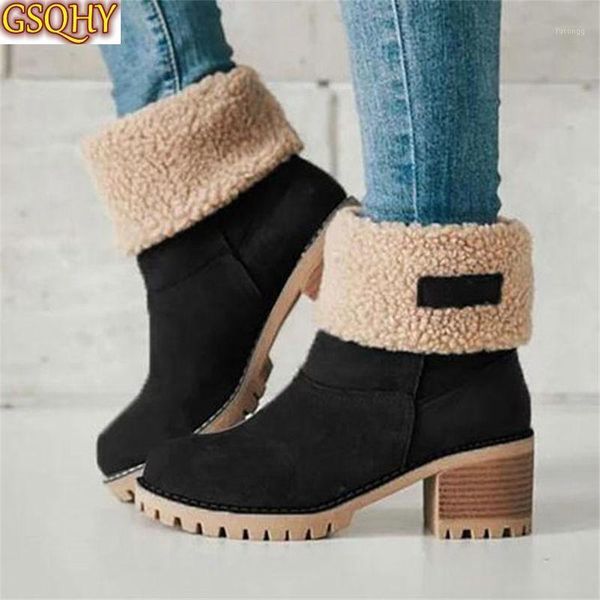 

2020 winter boots women shoes warm comfortable casual snow boots round toe female plush mid heel ladies mid-calf1, Black