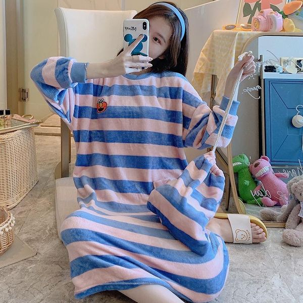 

women's sleepwear flannel nightgown princess women long sleeved stripe nightdress autumn winter cute robe female thick warm dress, Black;red