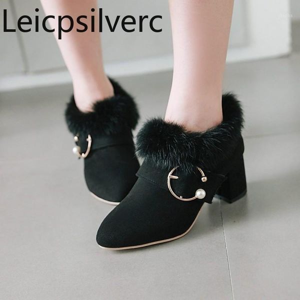 

boots women's autumn and winter the pointed zipper metal decoration plush thick heel mid shoes plus size 33-431, Black