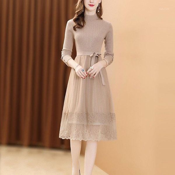 

2020 autumn new style long-sleeved lace tulle stitching knit belt stretch slim dress women's clothing, Black;gray