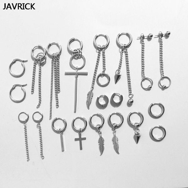 

20pcs korean huggie hoop earring stainless steel dangle hinged feather drop earrings long chain pendant earrings jewelry, Silver