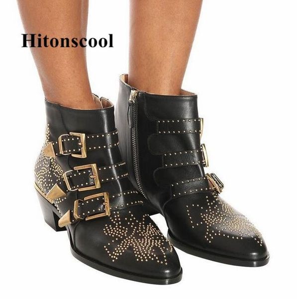 

2020 boots women round toe rivet flower boots susanna studded genuine leather ankle women botines luxury botas mujer, Black