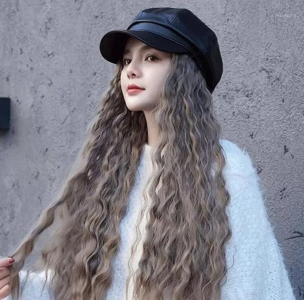 

Octagonal Wig Hat Women Long Hair Wig Removable Autumn Winter Fashion Curly Hair All Match 2020 New Arrival Soft Leather Hat1, Blue;gray