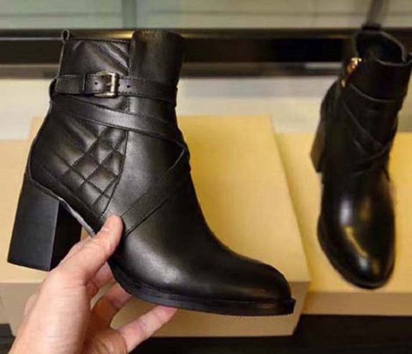 

2020 womens leather shoes lace up ribbon belt buckle ankle boots factory direct female rough heel round head size:35-41 02, Black