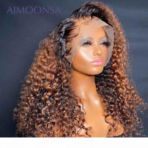

honey blonde wig deep curly human hair wig ombre 180 density lace front 13x4 human wigs with baby hair pre pluck remy, Black;brown