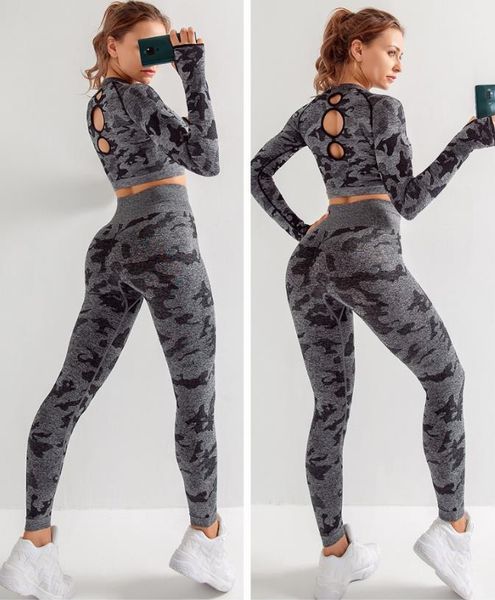 

seamless 2 piece women yoga set gym clothing fitness leggings+cropped shirts sport suit women long sleeve tracksuit active wear, Gray