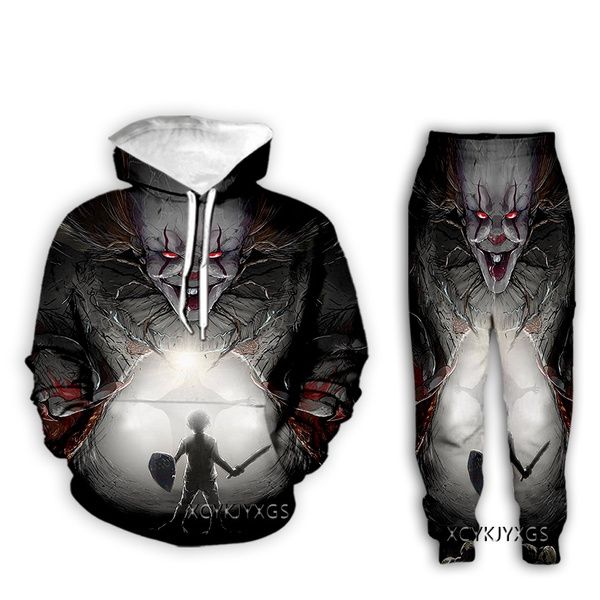 

new men/womens stephen king's it - pennywise funny 3d print fashion tracksuits hip hop sweatshirt and pants 2 pcs set hoodies z15, Gray