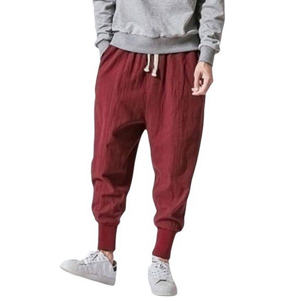 

men's pants retro linen casual baggy loose feet close youth, Black