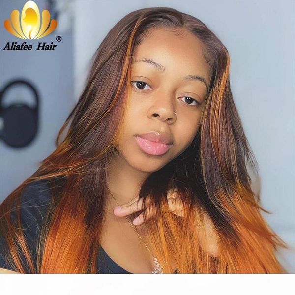 

brazilian straight lace front wig brown orange ombre colored straight human hair wigs lace wig for black women pre plucked, Black;brown
