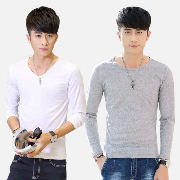 

2020 spring and autumn men's solid color long sleeve korean round neck fashion t-shirt, White;black