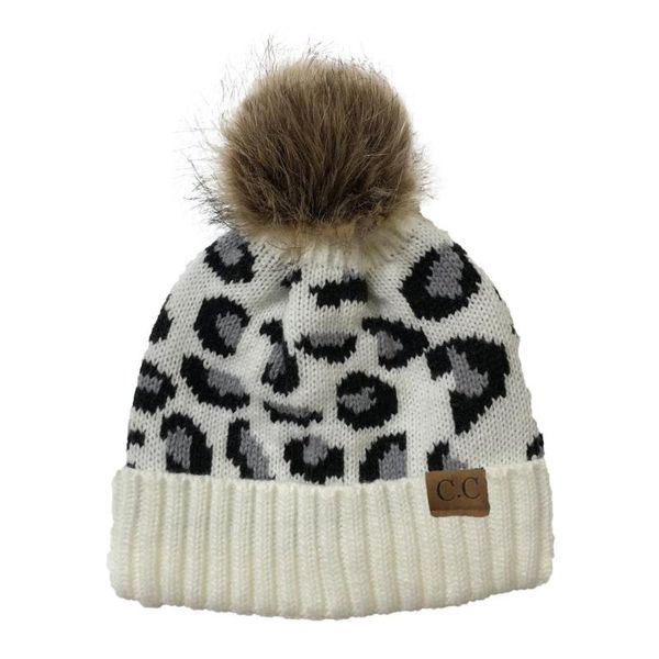 

beanie/skull caps warm hat winter thicker cable knitted leopard print faux fuzzy fur pom fleece lined skull cap cuff beanie hats for women o, Blue;gray
