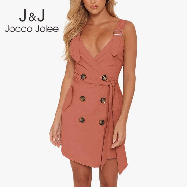 

jocoo jolee casual summer sleeveless button pockets mini dress elegant sashes khaki cotton slim dress retro rompers 2020 new1, Black;gray