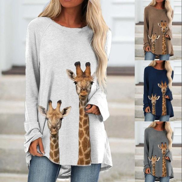 

casual autumn giraffe print long t-shirts woman o-neck long sleeve loose pullover fashion ladies street winter clothes gray, White