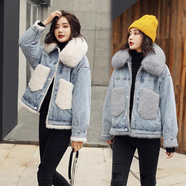 

2020 winter women's new hair collar denim cotton padded jacket plush warm denim parka cotton padded jacket, Black
